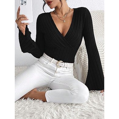 Womens Deep V Neck Wrap Sweater Long Sleeve Slim-Fitted Knitted Jumper Ribbed Solid Pullover Tops