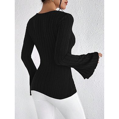 Womens Deep V Neck Wrap Sweater Long Sleeve Slim-Fitted Knitted Jumper Ribbed Solid Pullover Tops