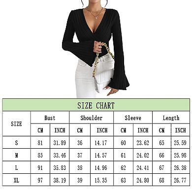 Womens Deep V Neck Wrap Sweater Long Sleeve Slim-Fitted Knitted Jumper Ribbed Solid Pullover Tops