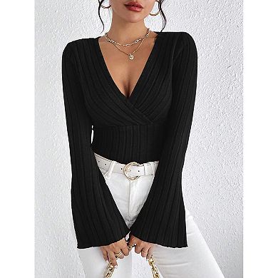 Womens Deep V Neck Wrap Sweater Long Sleeve Slim-Fitted Knitted Jumper Ribbed Solid Pullover Tops