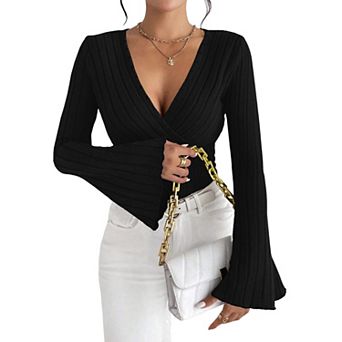 Womens Deep V Neck Wrap Sweater Long Sleeve Slim-Fitted Knitted Jumper Ribbed Solid Pullover Tops