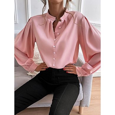 Women's Elegant Button Down Blouse Long Sleeve Stand Collar Lantern Sleeve Top