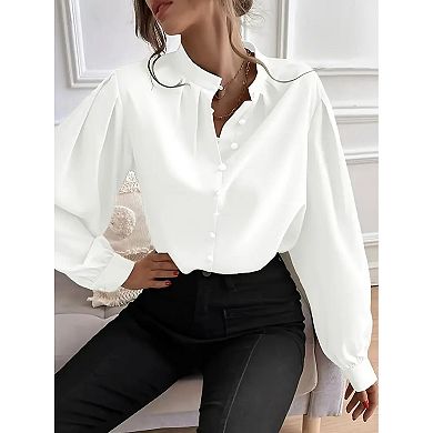 Women's Elegant Button Down Blouse Long Sleeve Stand Collar Lantern Sleeve Top