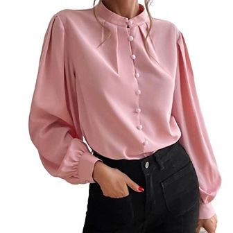 Women's Elegant Button Down Blouse Long Sleeve Stand Collar Lantern Sleeve Top