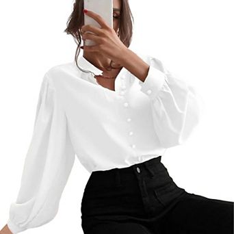 Women's Elegant Button Down Blouse Long Sleeve Stand Collar Lantern Sleeve Top