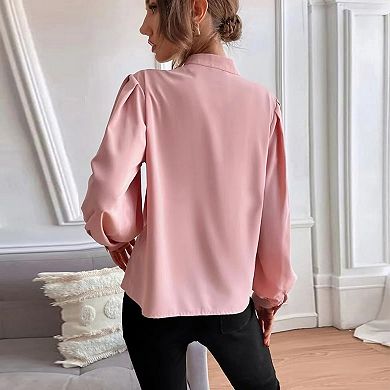 Women's Elegant Button Down Blouse Long Sleeve Stand Collar Lantern Sleeve Top