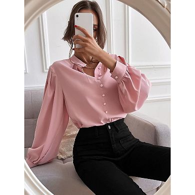 Women's Elegant Button Down Blouse Long Sleeve Stand Collar Lantern Sleeve Top