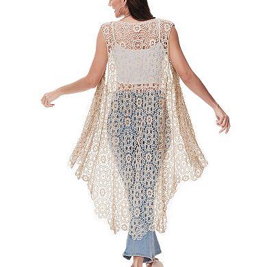 Women's Boho Crochet Long Vest Top Sleeveless Lace Cardigan