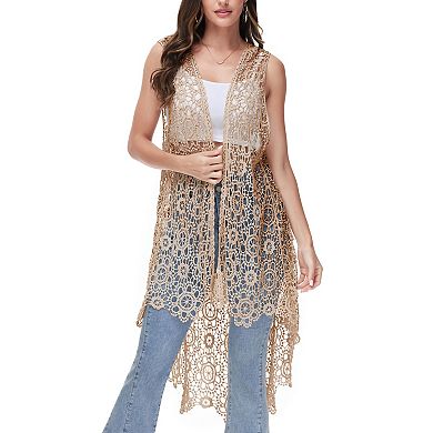 Women's Boho Crochet Long Vest Top Sleeveless Lace Cardigan