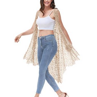 Women's Boho Crochet Long Vest Top Sleeveless Lace Cardigan