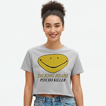 Juniors' Talking Heads Psycho Killer Smiley Face Cropped Graphic Tee