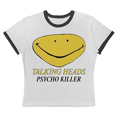 Juniors' Talking Heads Psycho Killer Smiley Face Graphic Ringer Baby Tee