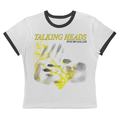 Juniors' Talking Heads Psycho Killer Hand Prints Graphic Ringer Baby Tee