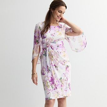 Petite Studio Connection Sheer Split-Sleeve Printed Faux-Wrap Midi Dress