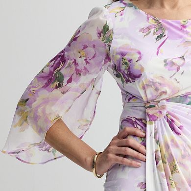 Petite Studio Connection Sheer Split-Sleeve Printed Faux-Wrap Midi Dress