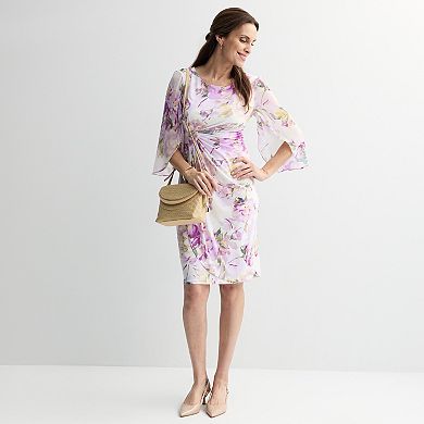 Petite Studio Connection Sheer Split-Sleeve Printed Faux-Wrap Midi Dress