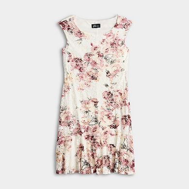 Women's Petite Studio Connection Printed Lace Flounce Hem Dress
