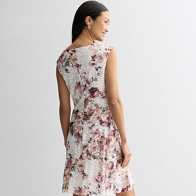Women's Petite Studio Connection Printed Lace Flounce Hem Dress