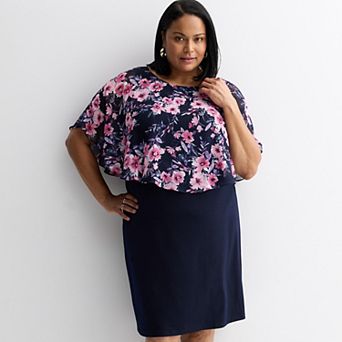 Plus Size Studio Connection Printed Curved Chiffon Poncho Midi Dress