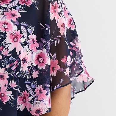 Plus Size Studio Connection Printed Curved Chiffon Poncho Midi Dress