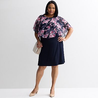 Plus Size Studio Connection Printed Curved Chiffon Poncho Midi Dress