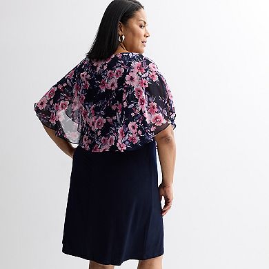 Plus Size Studio Connection Printed Curved Chiffon Poncho Midi Dress