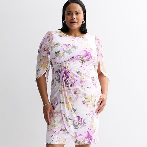 Женские платья Studio Connection Plus Size Studio Connection Split Sleeve Printed Side-Drape Faux Wrap Midi Dress