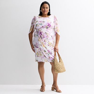 Plus Size Studio Connection Split Sleeve Printed Side-Drape Faux Wrap Midi Dress