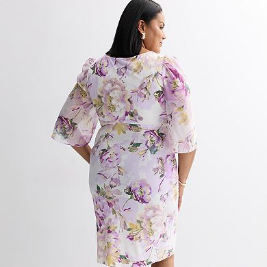 Plus Size Studio Connection Split Sleeve Printed Side-Drape Faux Wrap Midi Dress