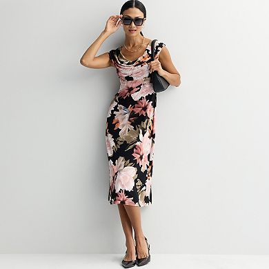 Women's Studio Connection Printed Cap Sleeve Drape Neck Midi Dress