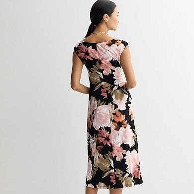 Women's Studio Connection Printed Cap Sleeve Drape Neck Midi Dress