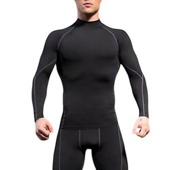 Mens Long Sleeve Compression Shirt with Mock Neck and Stretch Fit for Performance and Training