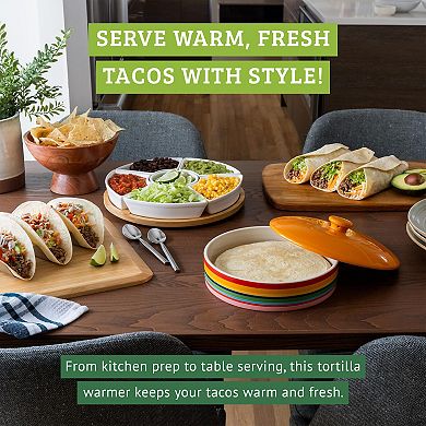Chef Tacos 8in Ceramic Tortilla Warmer Rainbow Lid