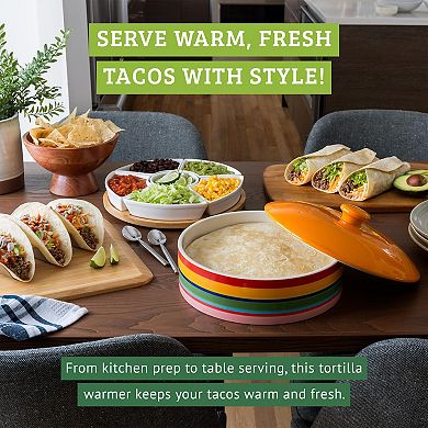 Chef Tacos 10in Ceramic Tortilla Warmer Rainbow Lid