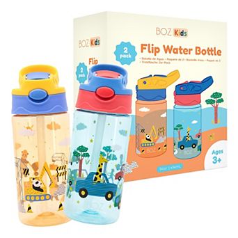 BOZ 14oz Kids Flip Bottles 2-Pack Cars/Construction Leak Proof