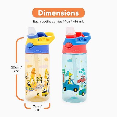 BOZ 14oz Kids Flip Bottles 2-Pack Cars/Construction Leak Proof