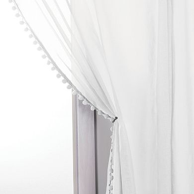 Elegant Comfort Set of 2 Pom Pom Tasseled Sheer Curtain - Rod Pocket