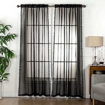 Elegant Comfort Set of 2 Pom Pom Tasseled Sheer Curtain - Rod Pocket