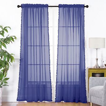 Elegant Comfort Set of 2 Pom Pom Tasseled Sheer Curtain - Rod Pocket
