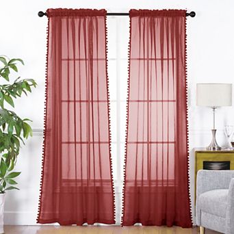 Elegant Comfort Set of 2 Pom Pom Tasseled Sheer Curtain - Rod Pocket