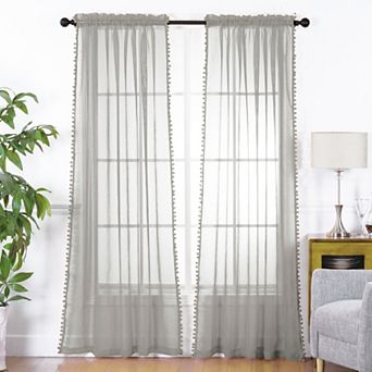 Elegant Comfort Set of 2 Pom Pom Tasseled Sheer Curtain - Rod Pocket