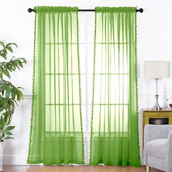 Elegant Comfort Set of 2 Pom Pom Tasseled Sheer Curtain - Rod Pocket