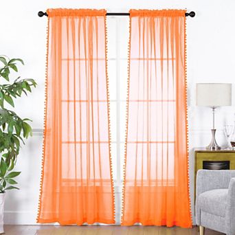 Elegant Comfort Set of 2 Pom Pom Tasseled Sheer Curtain - Rod Pocket