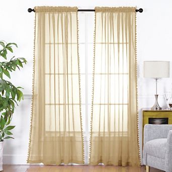 Elegant Comfort Set of 2 Pom Pom Tasseled Sheer Curtain - Rod Pocket