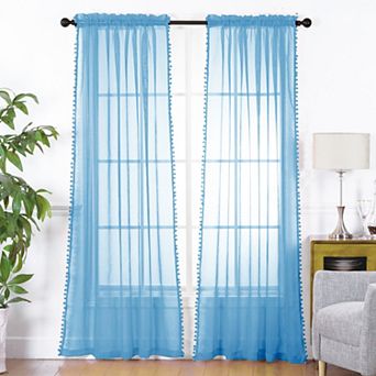 Elegant Comfort Set of 2 Pom Pom Tasseled Sheer Curtain - Rod Pocket