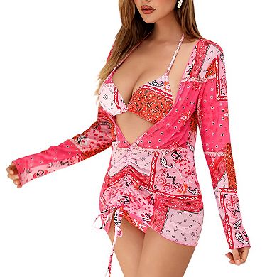 Women's 3 Piece Bikini Swimsuit Set with Triangle Top High Waist Bottom and Long Sleeve Cover-Up
