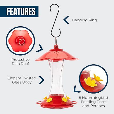 MEKKAPRO 10oz Glass Hummingbird Feeders Red 2pk Bee-Proof