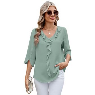 Womens Dressy Casual Blouses 3/4 Sleeve V Neck Ruffle Tops Ladies Summer Trendy Work Shirt