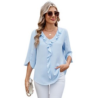 Womens Dressy Casual Blouses 3/4 Sleeve V Neck Ruffle Tops Ladies Summer Trendy Work Shirt