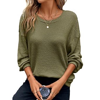 Womens Plus Size Long Sleeve Shirts Waffle Knit Tops Crewneck Drop Shoulder Loose Blouse